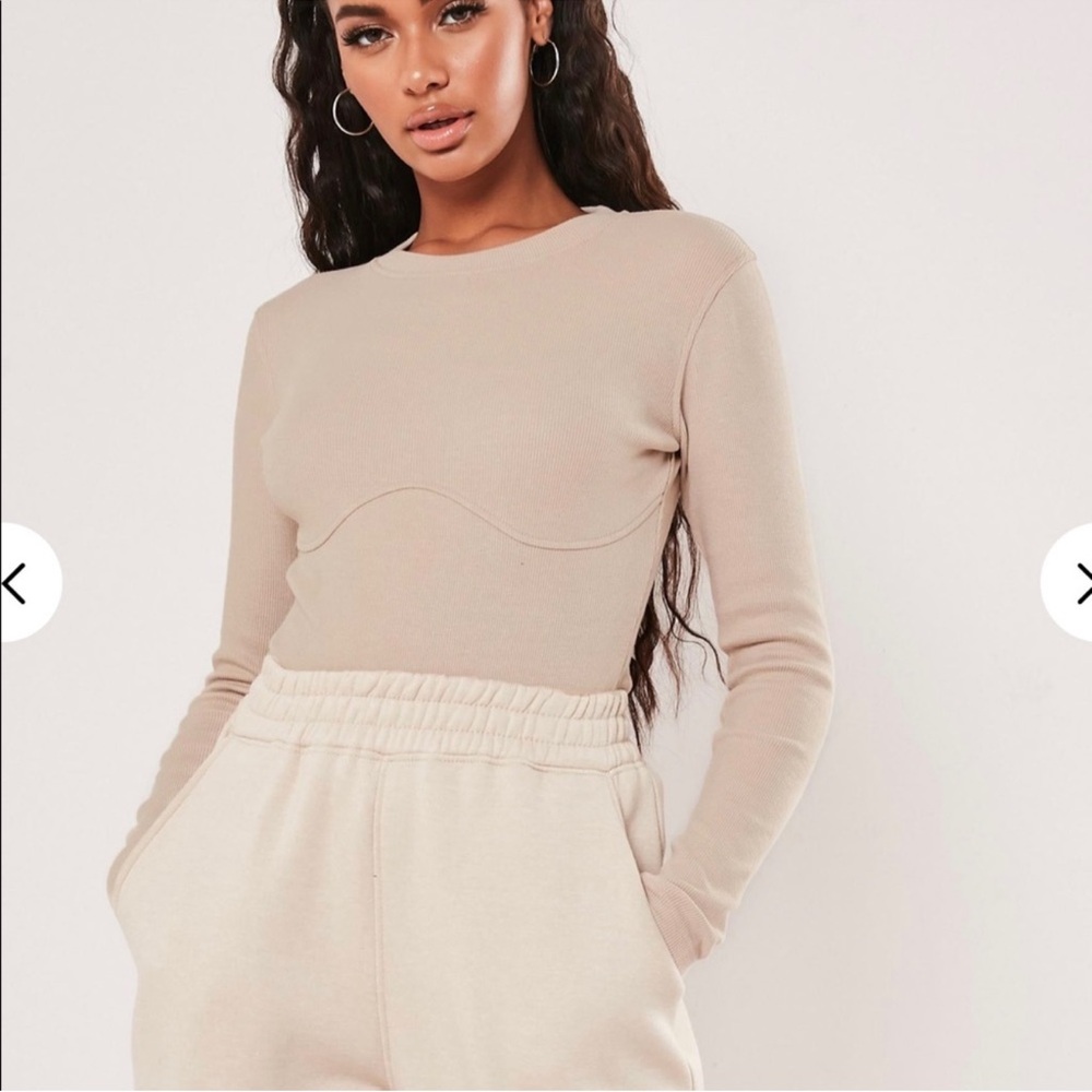 Beige Long Sleeve Women's Top CORSET DETAIL RIB BODYSUIT missguided